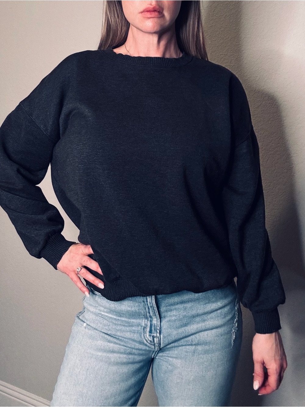 NWOT Zenana Outfitters Fleece Crewneck Sweatshirt Black Sz Large